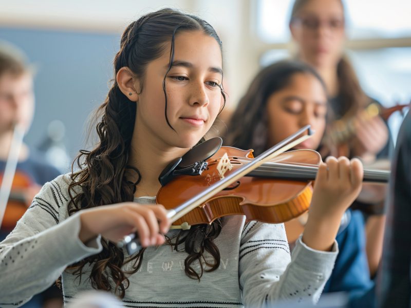 Girl playing violin in class