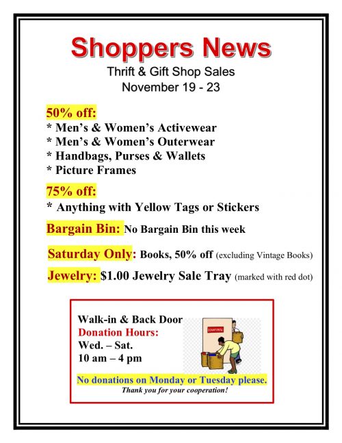 Weekly Sales Shop Sign Nov. 19-23 Weekly Thrift Shop Sales Nov. 19-23