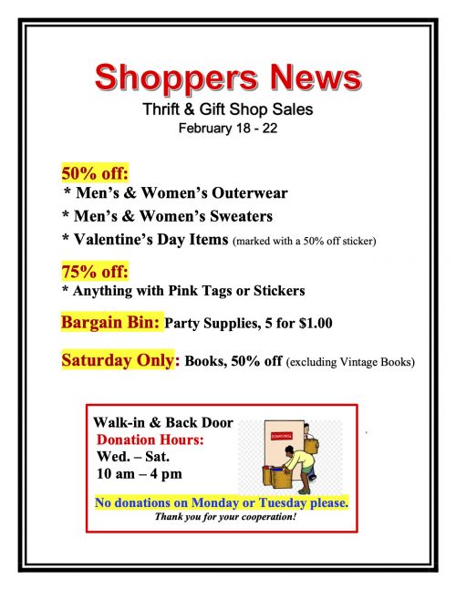 Weekly Sales Shop Sign Feb: 18-22 Thrift & Gift Shop Sales Feb. 18-22