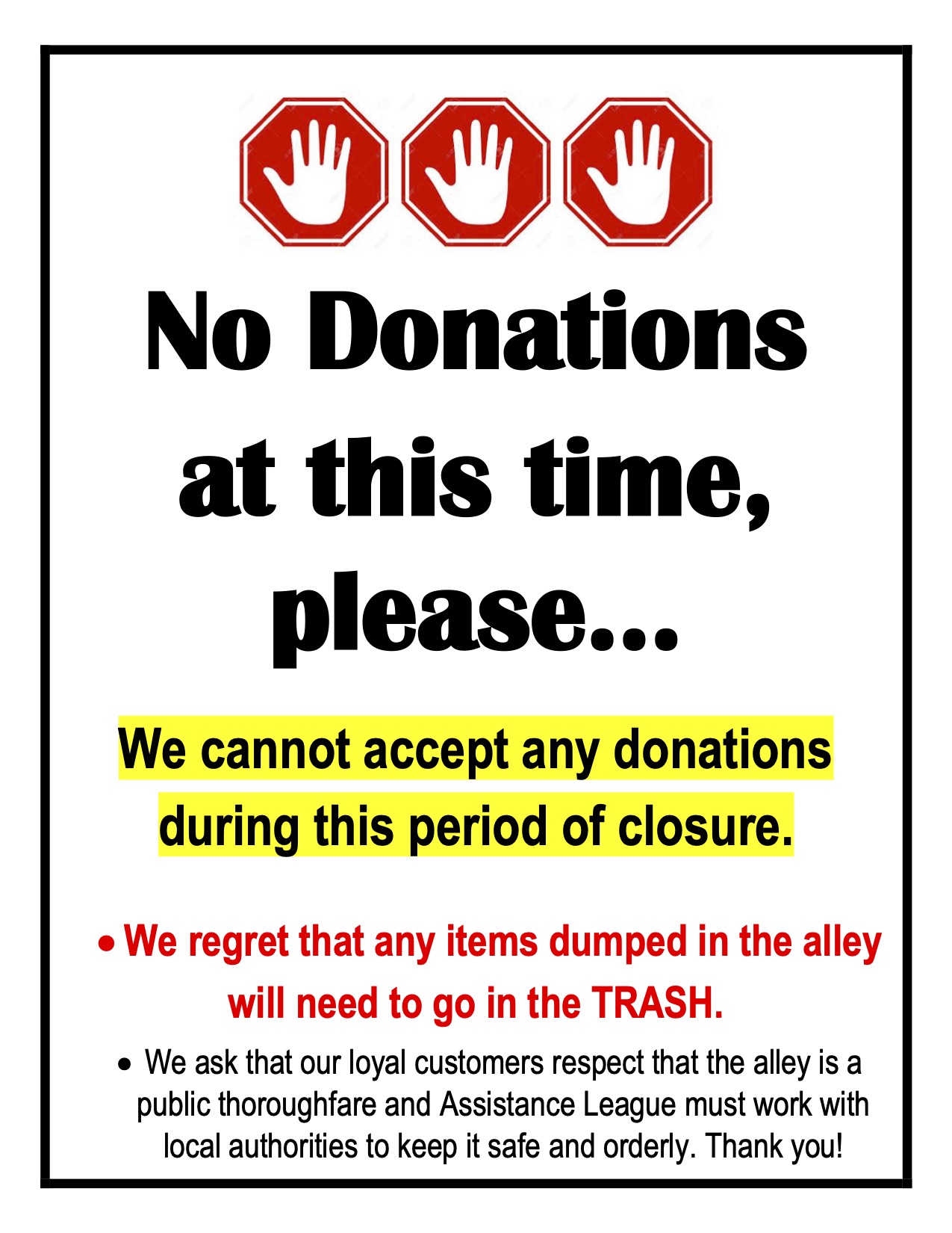 Thrift & Gift Shop unable to accept Donations at this time