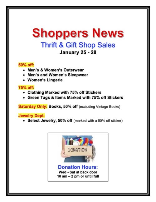 Thrift & Gift Shop Sales, Jan 25-28