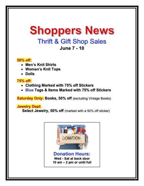 Weekly Sales Shop Sign June 7-10 Thrift & Gift Shop Sales June 7-10