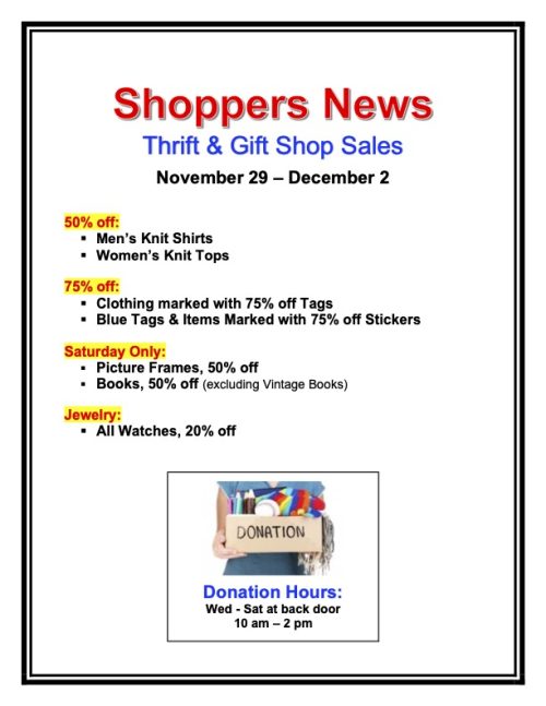 Thrift & Gift Shop Sales Nov. 29-Dec. 2