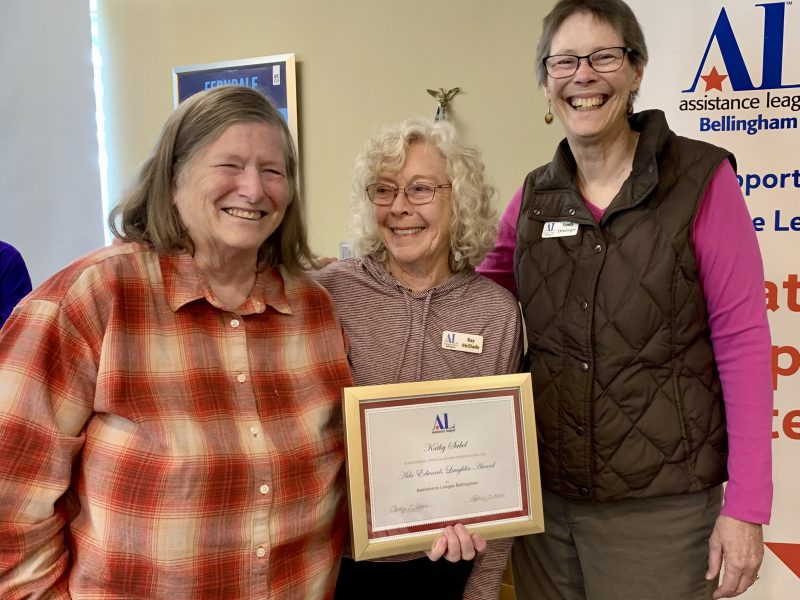 Kay McDade and Sandy Dentinger present Kathy sabel with Ada Edwards Laughlin Award