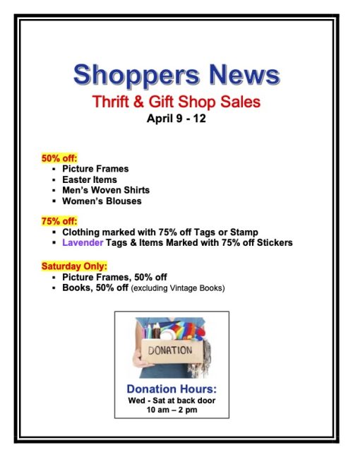 Weekly Sales Shop Sign Apr. 9-12 docx Thrift & Gift Shop Sales, April 9-12