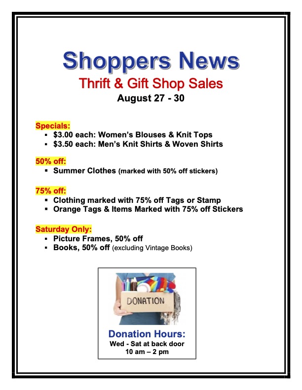 Weekly Sales Shop Sign Aug. 27-30 Thrift & Gift Shop Sales Aug 27-30