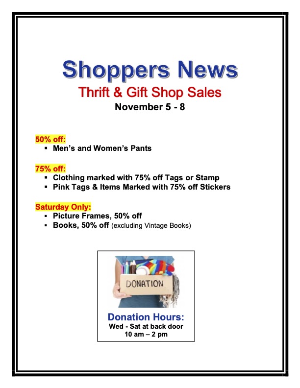 Thrift & Gift Shop Sales, Nov. 5-8