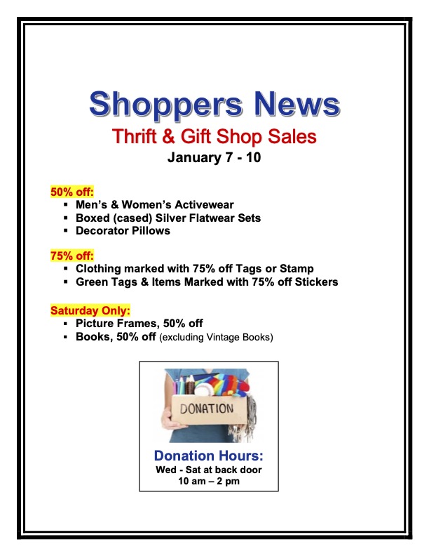 Thrift & Gift Shop Sales Jan. 7-10
