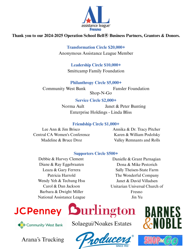 Thank you to our 2024-2025 Operation School Bell Buisnienss Parterns, Granotors & Donors