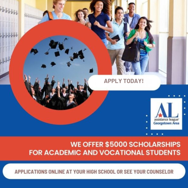 Scholarships - website apply for a scholarship from Assistance League of Georgetown - deadline is April 7, 2026