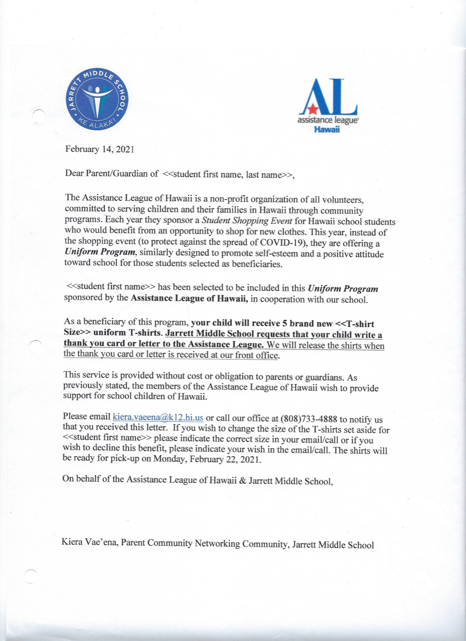 Assistance League of Hawaii - Jarrett Middle School Letter