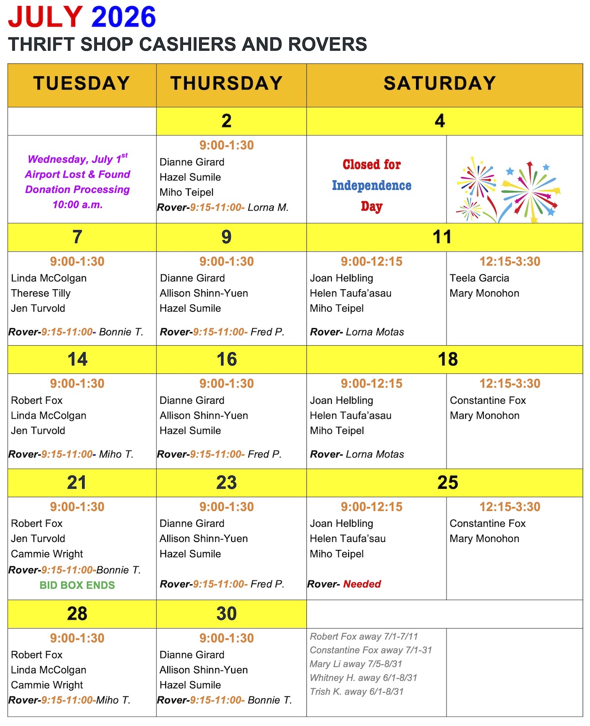 July 2026 Cashier Calendar