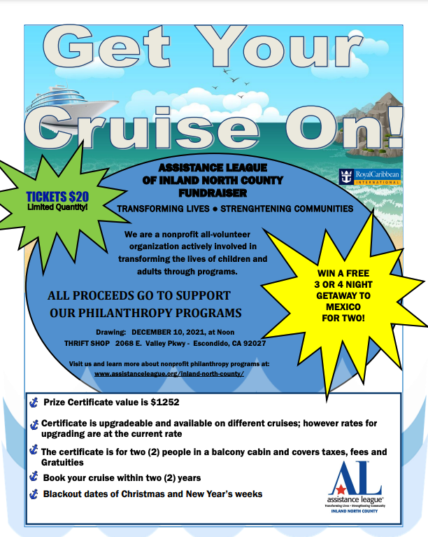Win a cruise to Mexico and help support our philanthropic programs by buying a ticket at our thrift shop
