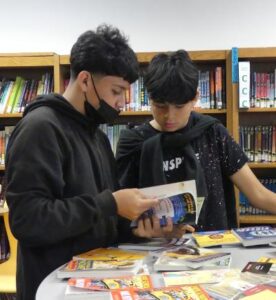 Two children reviewing available books to read