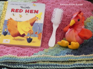 Some of the items that are included in a bedtime hugs package: a bedtime book, comb, and stuffed animal