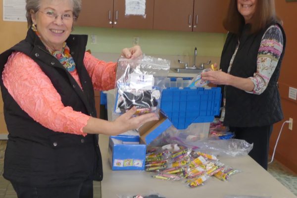 Two ALNV members show the bags that were prepared as part of their Bedtime Hugs event