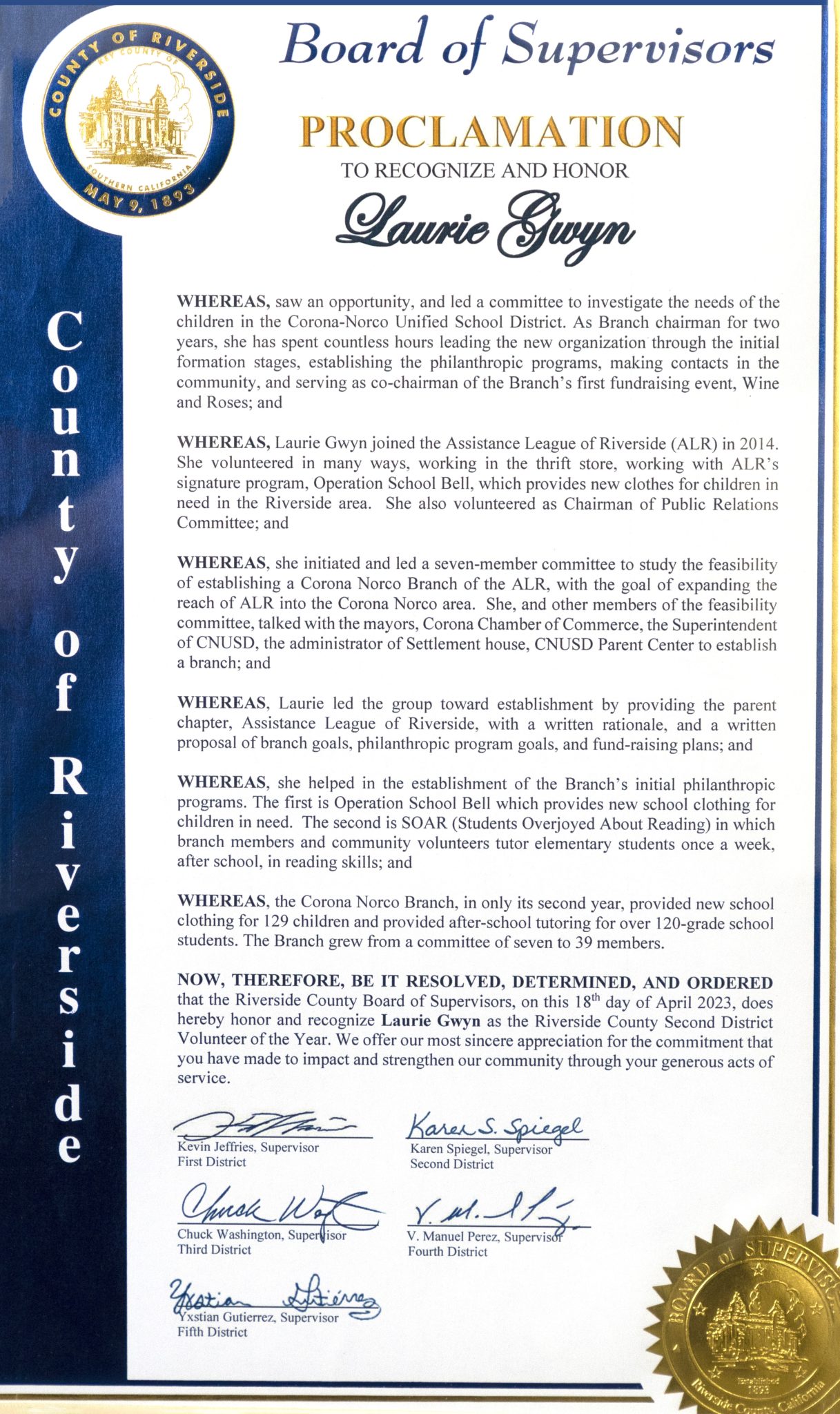 2023 Volunteer of the Year Assistance League RiversideAssistance League Riverside