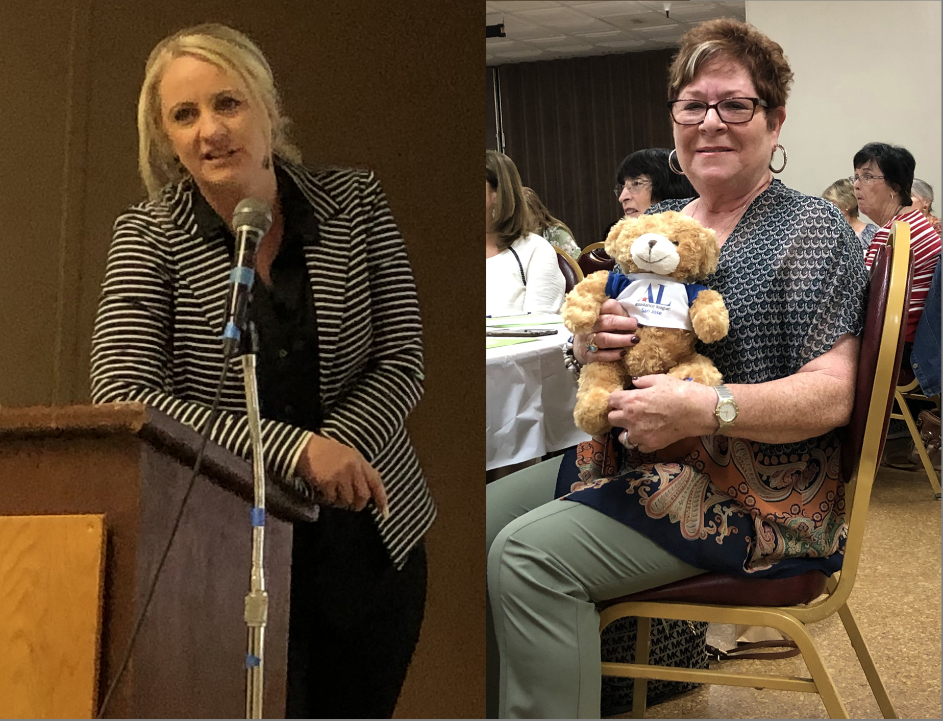 Split photo - Judy Patten from Parisi House and volunteer with Hug-a-Bear