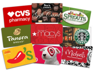 Sample Gift Cards - CVS, See's, Sprouts, Panera, Macy's, Starbucks, Chili's, Target, Michaels