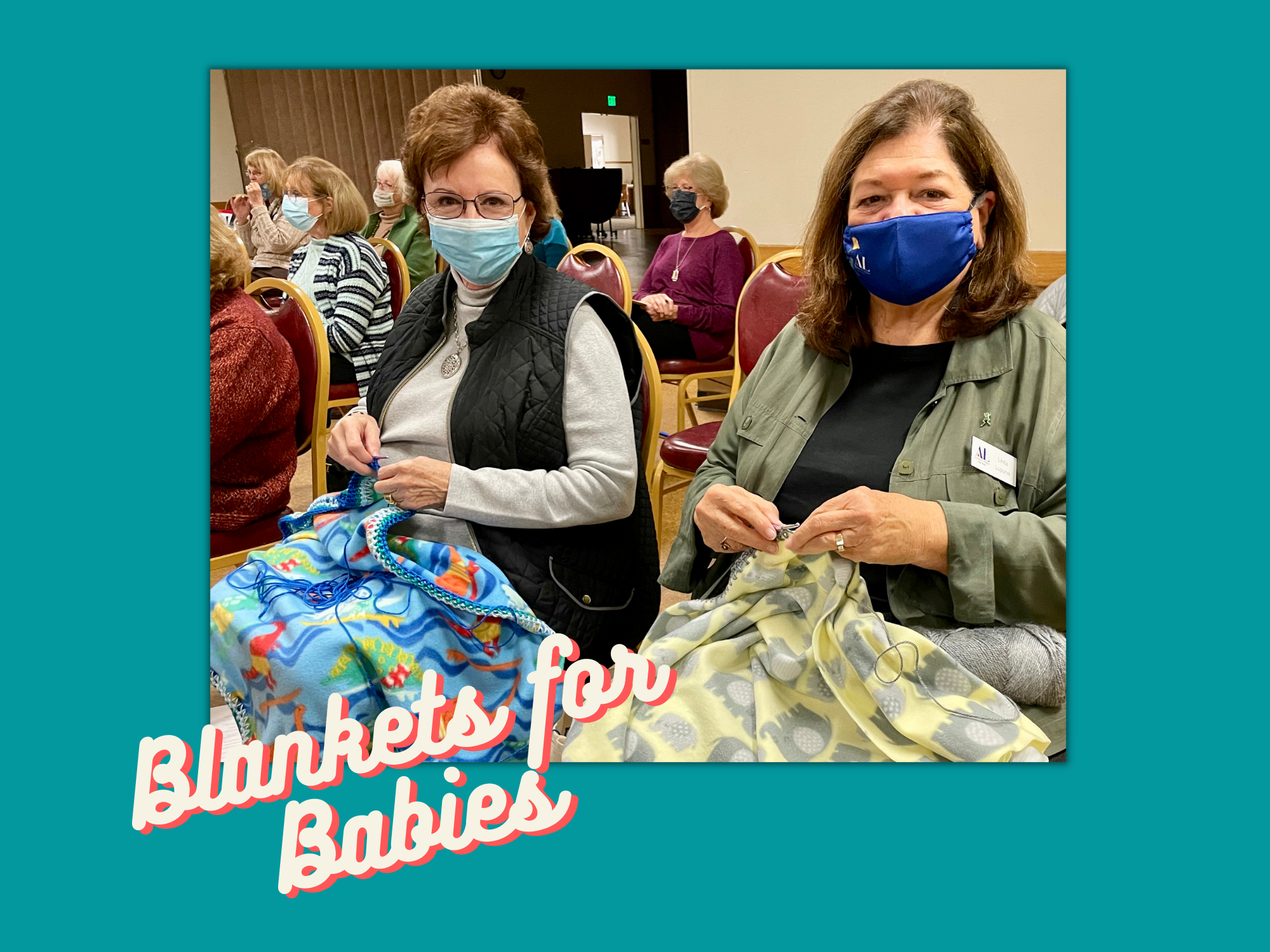 Members crocheting blankets for newborn babies