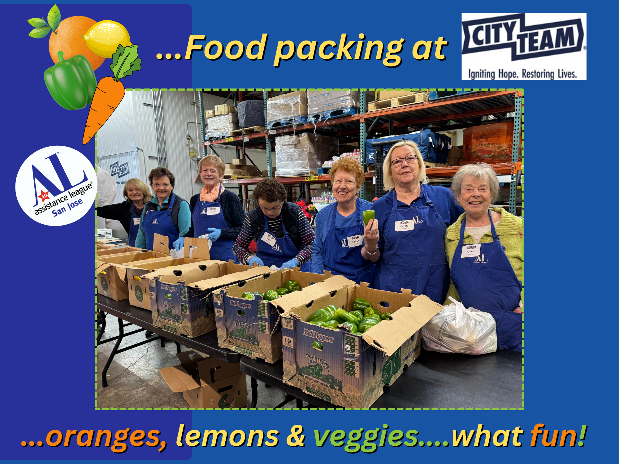 Food Packing at CityTeam - Oranges, lemons & veggies...what fun!