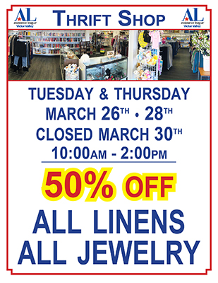 Thrift Shop Sale for March 26 & 28 - Closed March 30