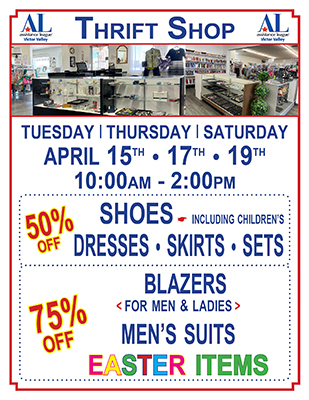 Thrift Shop Sale for April 15 • 17 • 19