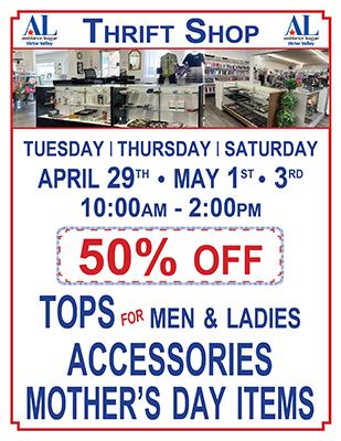 Thrift Shop Sale for April 29 & May 1 • 3