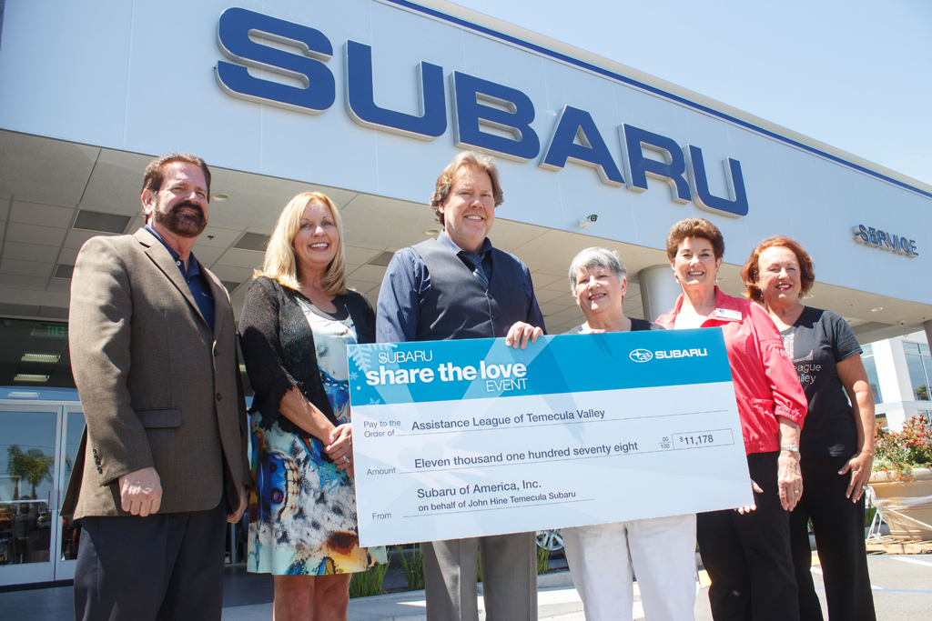 John Hine Subaru donates $11,178 to the Assistance League of Temecula. From left: Subaru District Parts & Service Manager John Dunn, Subaru District Sales Manager Christine Wersbe, Vice President and General Manager of John Hine Subaru Bill Brumbaugh, Assistance League of Temecula Valley President Sue Sampson, Assistance League of Temecula Valley Vice President of Finance Dorcas Shaktman and Vice President of Fund Development Denise Lanier. Shane Gibson photo