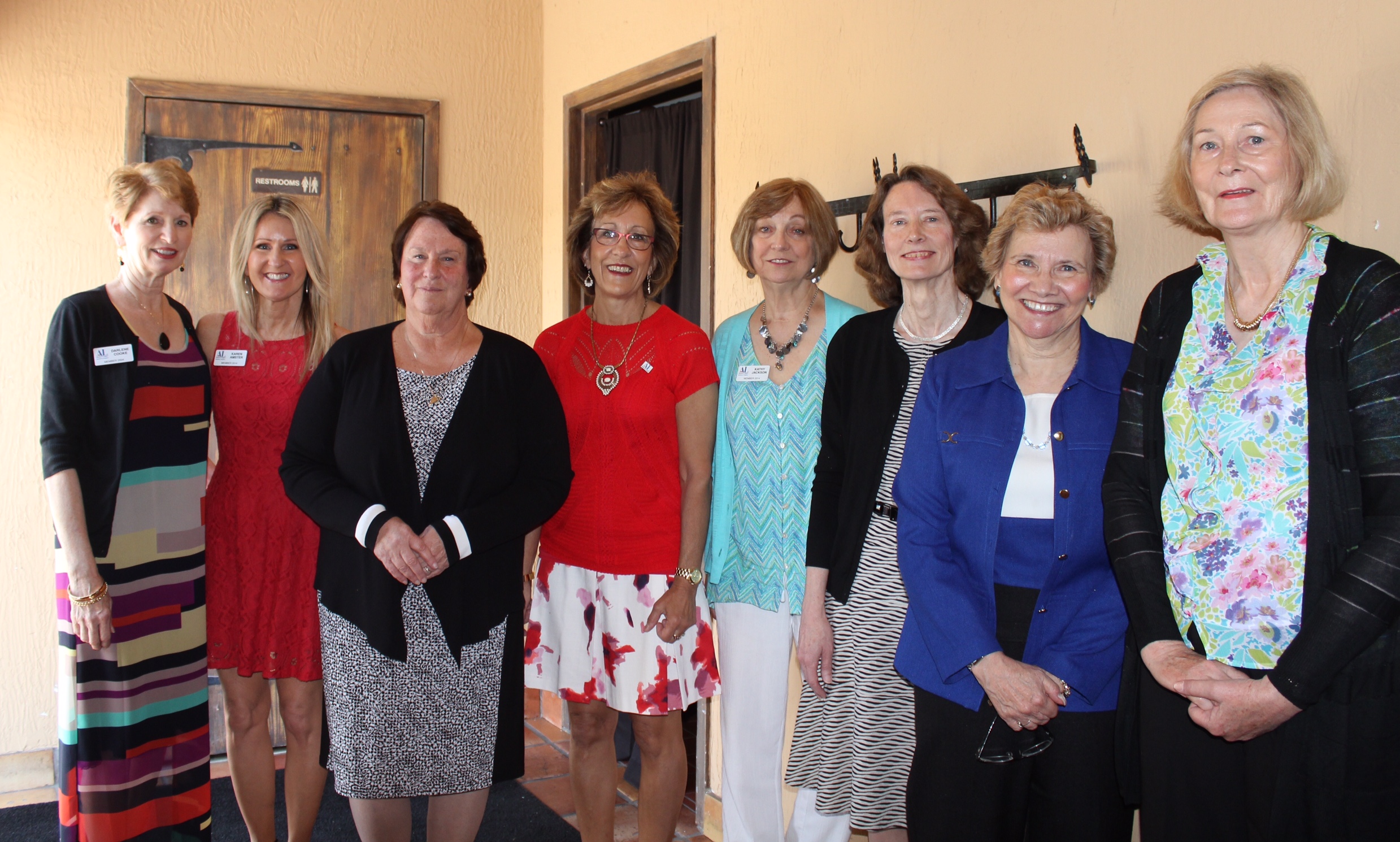 Newly-elected 2016-17 Board of Directors posing with appointed Parliamentarian after the Installation Ceremony. Pictured from left are Darlene Cooke, Karen Amster, Jeanne Sclater, Linda Shilts, Kathy Jackson, Pat Thompson, Lynn Barron and Karen Craft. Board member not pictured - Nannette Henderson