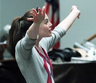 New Assistance League of Flintridge drama director Katelyn Fike works with her young child actors through the end of a a scene at rehearsal. (Tim Berger / Staff Photographer)