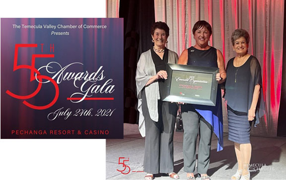 Temecula Valley - Assistance League Recognized for Community Service! Attending the event and accepting the award on behalf of the membership were President Denise Lanier (ctr); Past Presidents and Community Ambassadors Dorcas Shaktman (l) and Electra Demos (r).